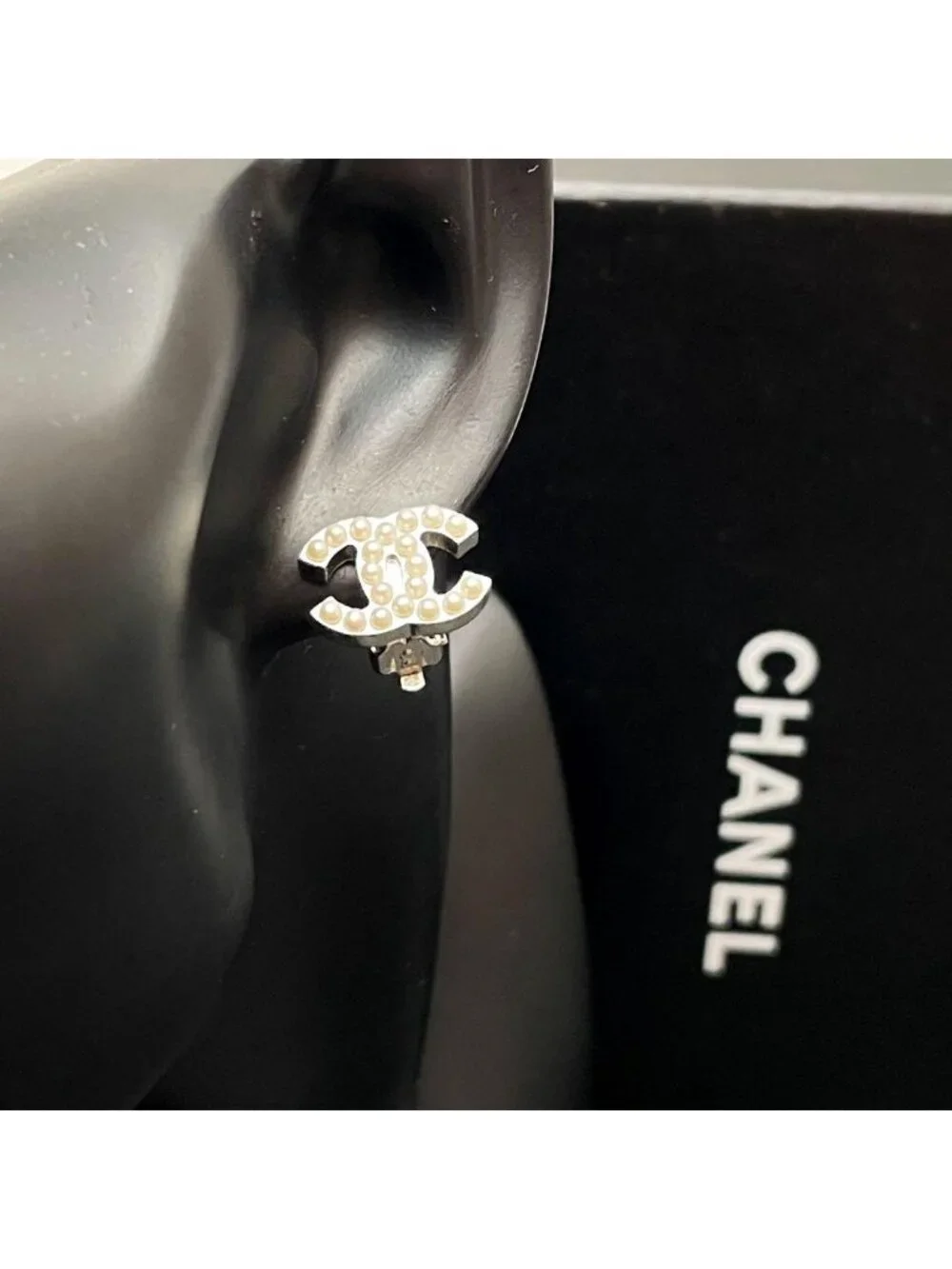 Chanel CC Logo Earrings Faux Pearl Silver Coco